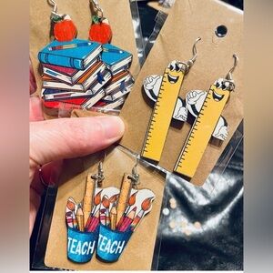📚 3 School Pierced Earrings Lot New Pencils Books Ruler Gift For Teacher